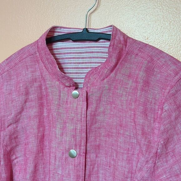 Chico’s Reversible Pink Railroad Striped To Solid Linen Jacket sz 1 Medium - Picture 2 of 10